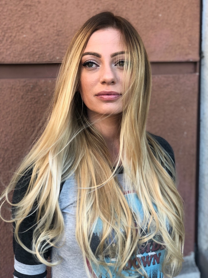 Contouring balayage color on long hair